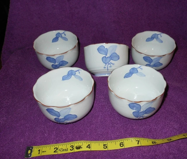 asian style tea cups, blue & white, floral pattern, finger or soup bowls set 5