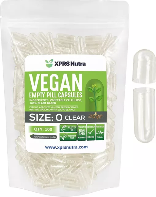 Size 0 Clear Empty Vegan/Vegetable Vegetarian Pill Capsules Veg Vcaps USA Made