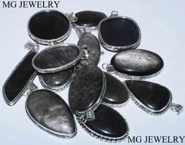 50 Pièces Lot Naturel Argent Sheen Obsidienne Pierre 925 Plaqué Argent Pendentif