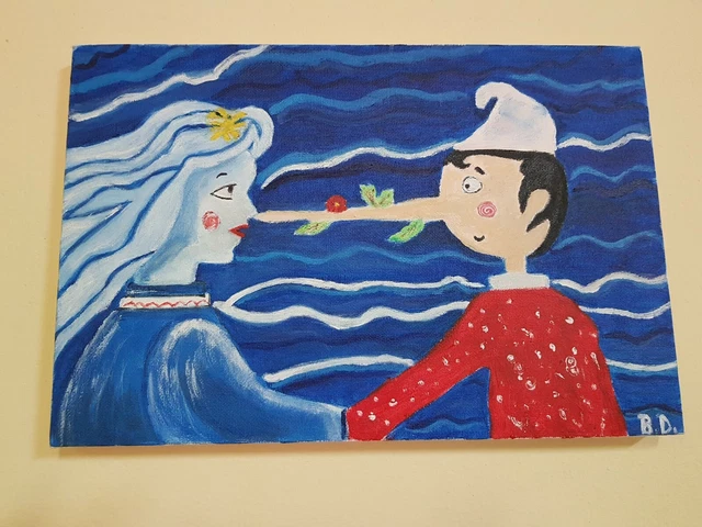 Dipinto olio su tela Acrilico Pinocchio e la fata turchina  C.COLLODI 20x30