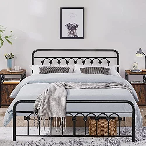 VECELO Classic Metal Platform Bed Frame with Victorian Style Iron-Art Headboa...