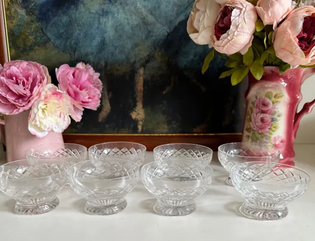 Elegant Vintage Stuart Crystal Set of 8 Diamond Cut Footed Dessert Bowls