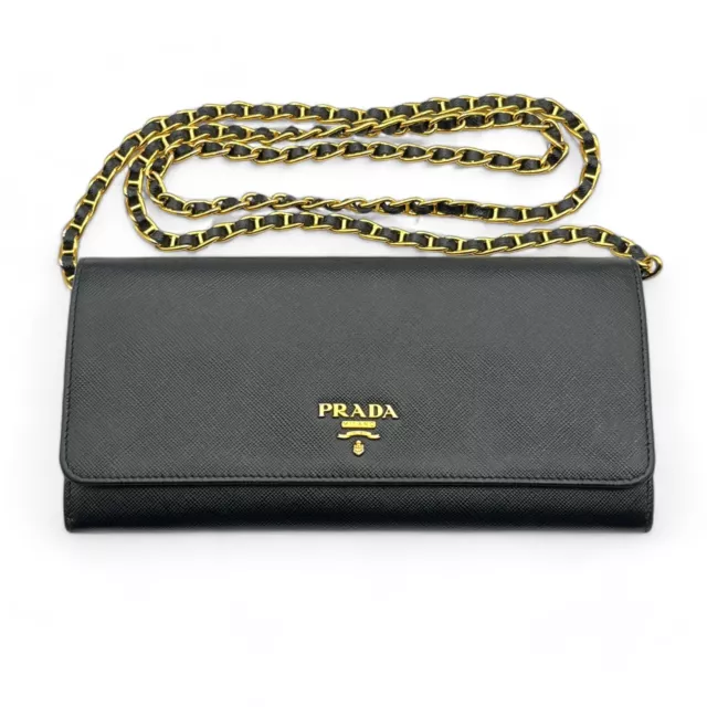 Authentic Prada Saffiano Black Leather Wallet On Chain Black Crossbody Shoulder