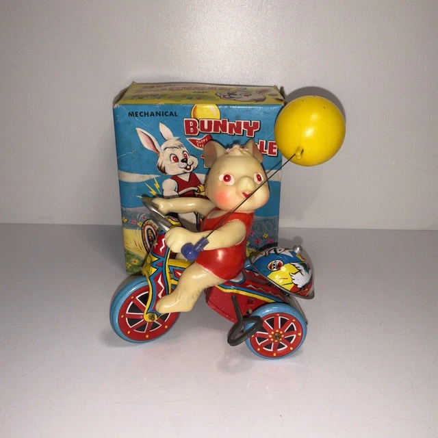 VINTAGE MECHANICAL EASTER Bunny Tricycle Wind Up Tin Toy 1986 Works