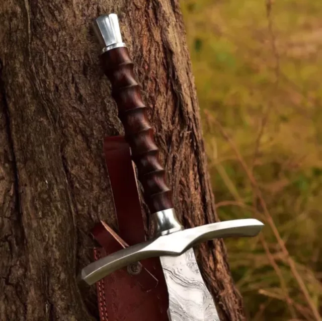 HandForged Custom Viking Sword With Leather Sheath Damascus Steel Viking Sword.