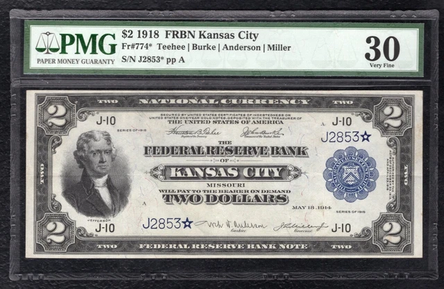 Fr.774* 1918 $2 *Star* “Battleship” Frbn Kansas City, Mo Pmg Vf-30 *6 Known Rare