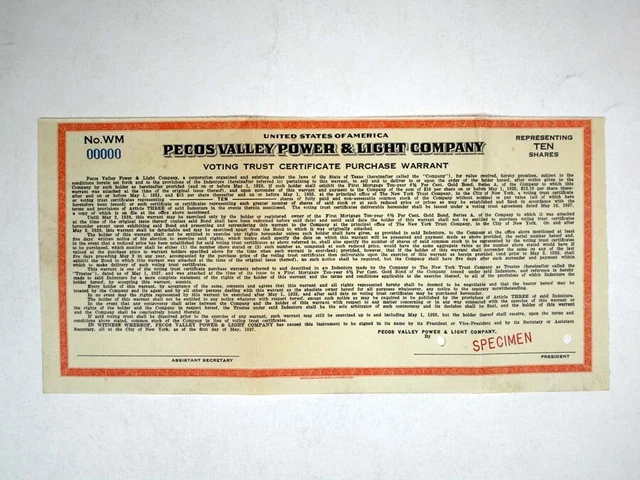 TX. Pecos Valley Power & Light Co., 1927. 10 Shrs Specimen Stock Cert., VF-XF
