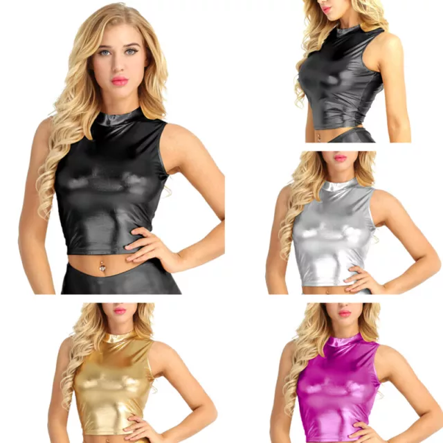 Womens Metallic Liquid Leather Crop Top Sleeveless Turtleneck Tank Vest Clubwear