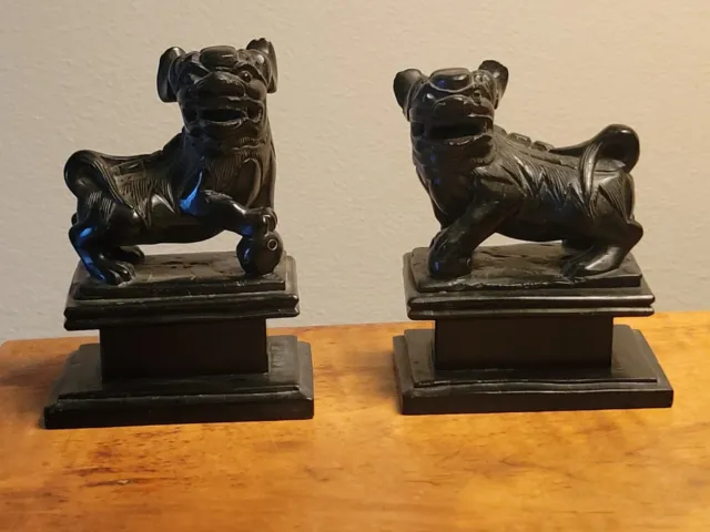 Antique Matched Pair Early 20th. Century Foo-Dog Lion Hand Carved Stone Figures