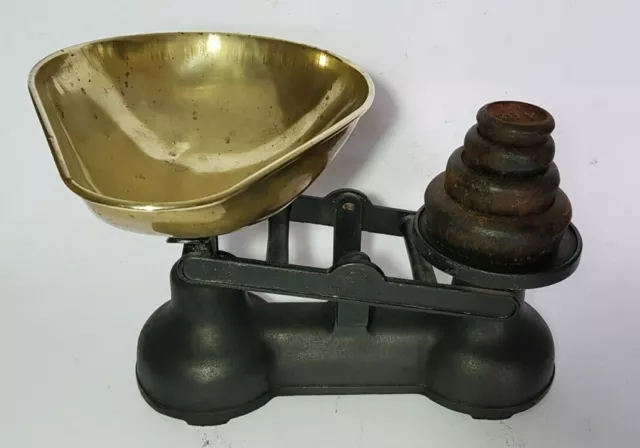 Vintage Salter Traditional Cast Metal & Brass Kitchen Balance Scales & Weights