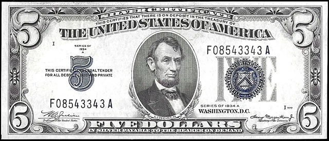 US Currency $5 Five Dollar 1934 A Silver Certificate FR 1651 Blue Seal Crisp UNC