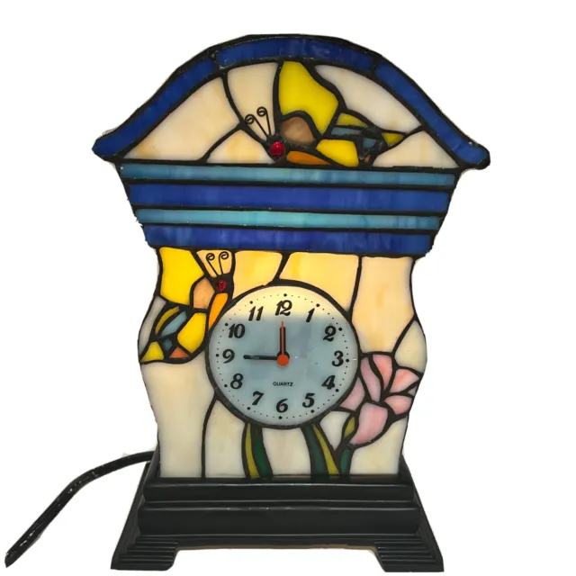 2007 Stained Glass Tiffany Mantle Clock Lamp Night Light Butterflies Floral