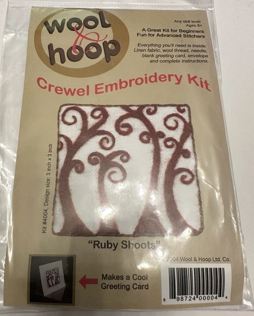Kit de bordado de lana y aro crewel ""Ruby shoots"" tela de lino, tarjeta de hilo de lana nuevo