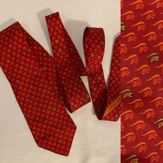 Salvatore Ferragamo Red Orange Elephant Print Silk Tie