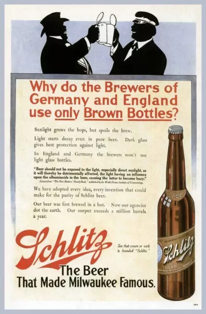 1913 Schlitz Beer Bottle Bar Brewery Milwaukee Drinking Pub Advert Poster 319341