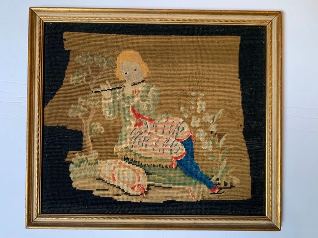 Antique 19th century wool needlepoint on linen