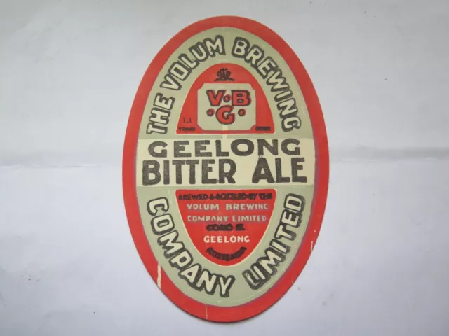 VOLUM BREWING GEELONG BITTER ALE BEER LABEL BREWED & BOTTLED GEELONG 1960s