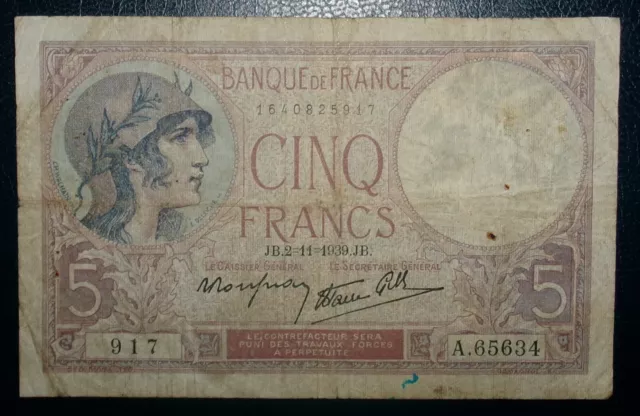 N°5 Billet France 5 Francs Violet 2.11.1939
