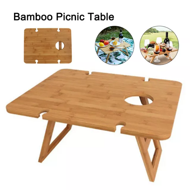 Bamboo Picnic Table With Wine Glass Holder Rack Folding Tray Outdoor Portable AU