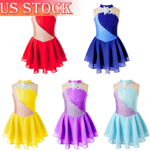 US Kids Girls Shiny Rhinestone High Neck Skating Dress Sleeveless Sequins Dress