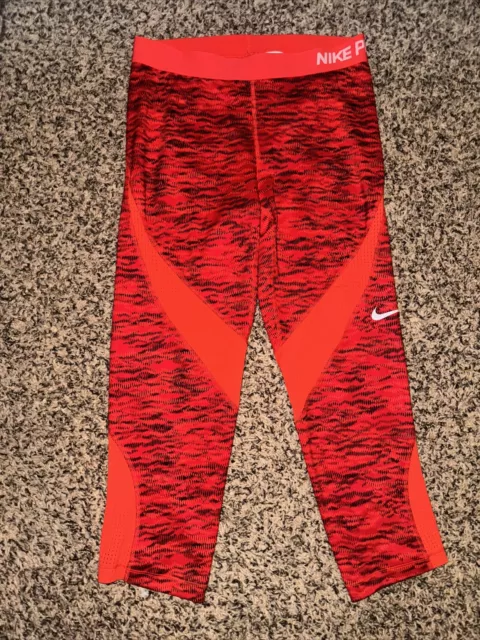 Nike Pro Leggings Womens Large Red Bla Tight Fit Capri Mesh Leg Stretch Training