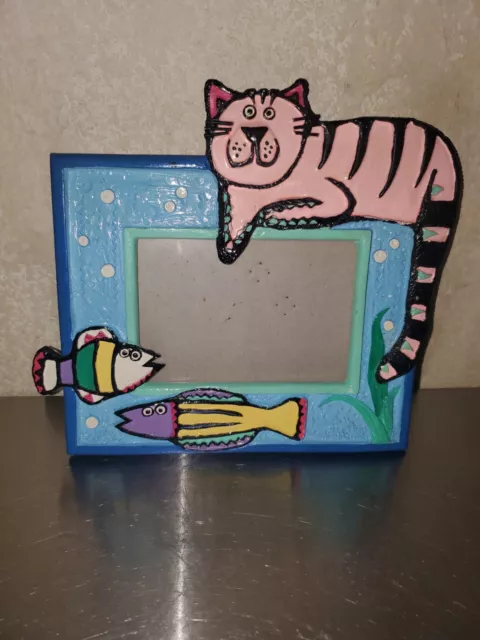 Kitty Cat Kitten & Fish Colorful Picture Frame HandPainted Ceramic Whimsical 3D