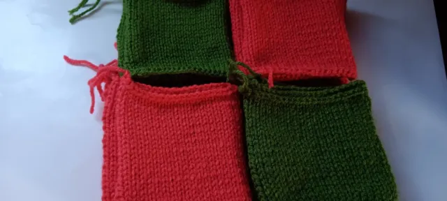 Hand Knitted Squares. X24. Rose Red, Cactus Green. Dk.10cm Approx.