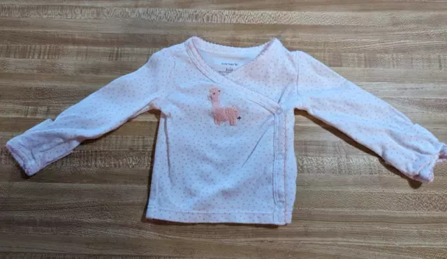 Carter's Baby Girl Size Newborn 100% Cotton White Polka Dot Llama Kimono Shirt