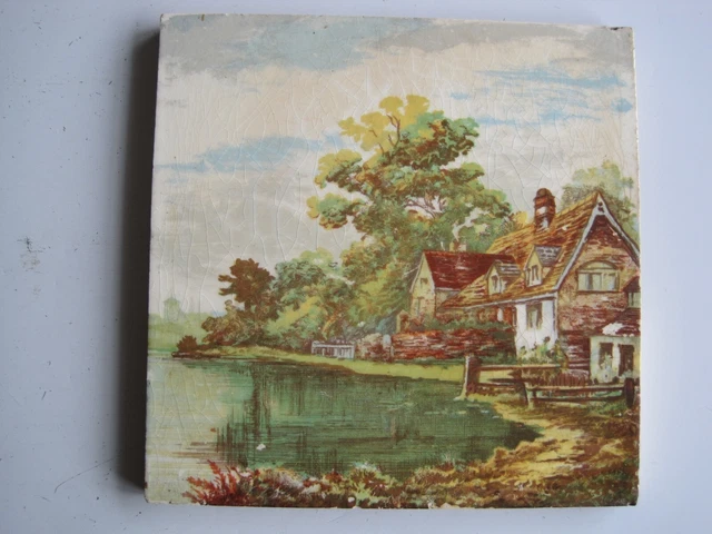 Antique Hand-Painted Landscape Tile - Cottage On Lake - Signed