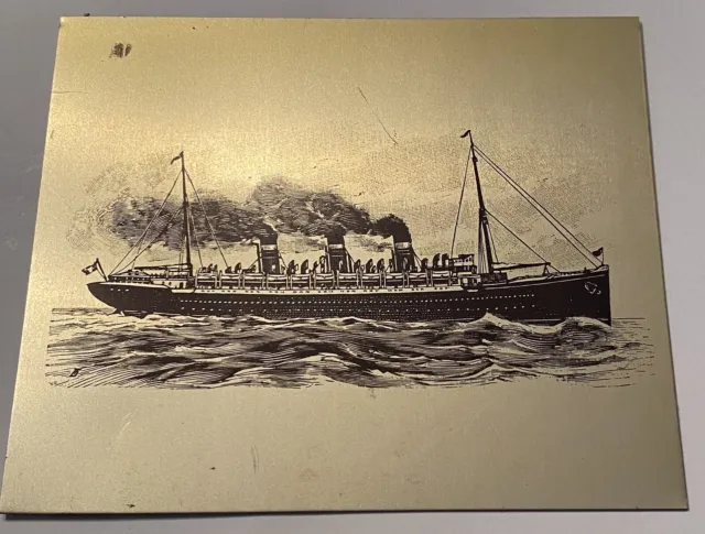 Ink  etching Ocean liner ship on gold metal plate 4.75 X 5.75”  TIN Art Vintage