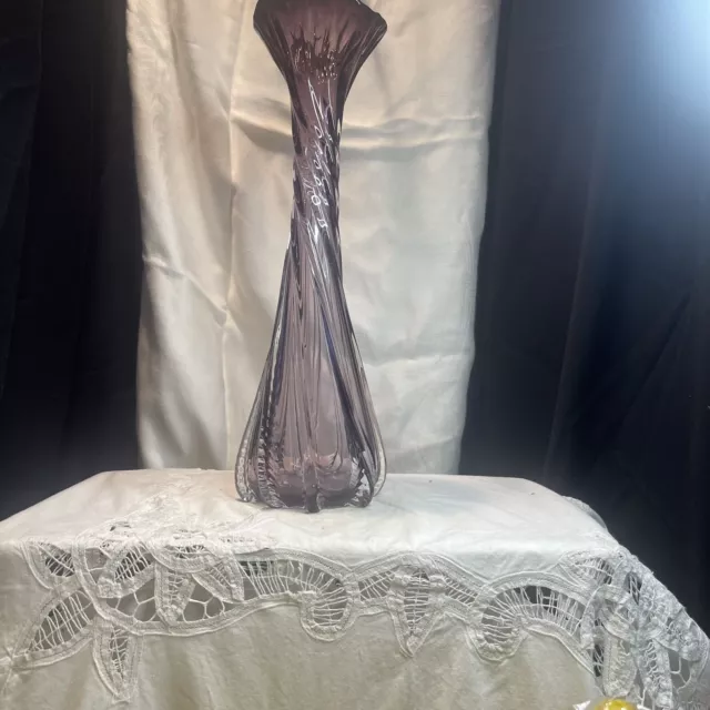 Tall Vintage Hand Blown Art Glass Twisted Purple Amethyst Vase
