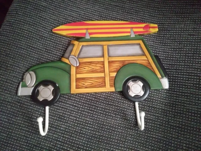 Nice Woodie w/surfboard car hook wall hanger key holder hand crafted metal NEW