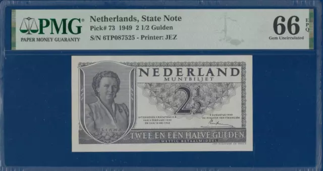 NETHERLANDS 2 ½ Gulden 1949 P73 Gem UNC PMG 66 EPQ Queen Juliana Muntbiljet