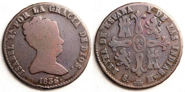 España-Isabel II. 8 maravedis. 1836. Segovia. MBC-/VF-. Cobre 11 g. Escasa