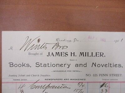 Vintage letterhead James H Miller Reading PA Books Stationery novelties 9/6/1901