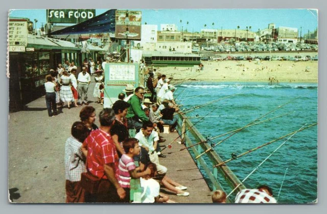 Fishing at Redondo Beach Pier ~ Vintage Los Angeles California Postcard 1960