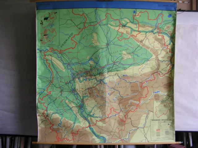 Nordrhein-Westfalen Sauerland Eifel Ruhrpott ~1970 Schul-Wandkarte 170x172cm