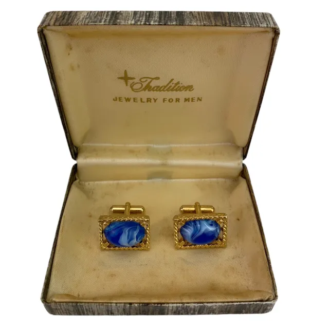 Vintage Cuff Link Set 60s 70s Marbled Art Glass Gold Tone Rope Blue White Boxed