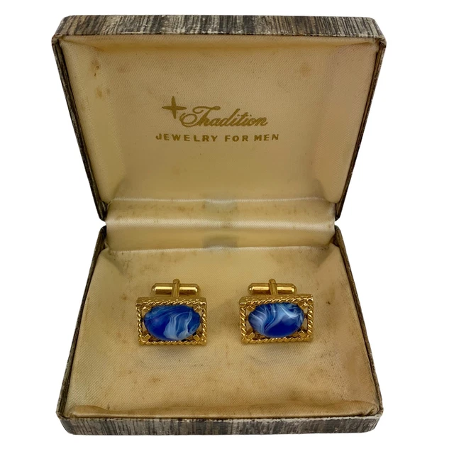 Vintage Cuff Link Set 60s 70s Marbled Art Glass Gold Tone Rope Blue White Boxed
