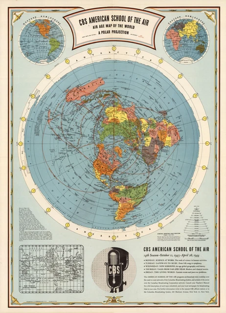 1944 Flat Earth Air Age Map of the World 11x15 Wall Art Print Home Decor Office