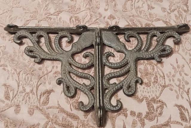 2 Cast Iron Octopus Brackets Nautical Garden Braces Shelf Corbels Ocean Brown