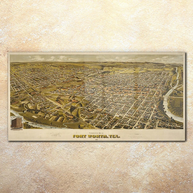 QUADRO DA PARETE stampa vetro arte anno Fort Worth mappa Texas vintage