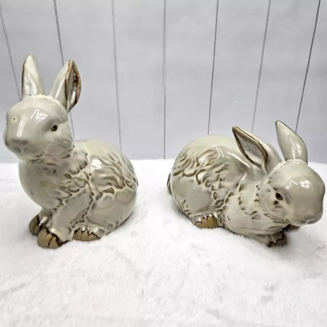 Set of 2 Ceramic Bunny Rabbits Glazed Springtime Décor Easter Cream Brown