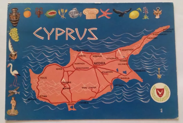 Cyprus Greece 1960 Greek Island Historical Map Postcard 1970 Famagusta Postmark
