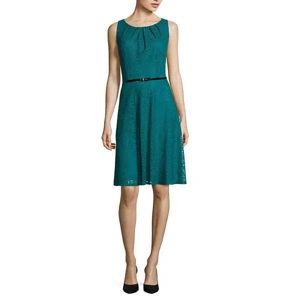 Evan Picone Black Label Sleeveless Belted Fit & Flare Lace Dress Teal Quartz $86