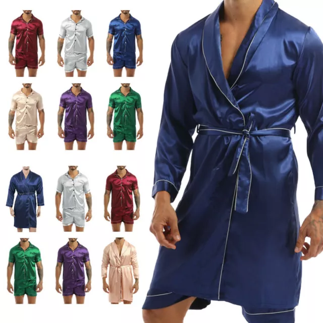 Men's Satin Pajamas Set Short Sleeve Shirt Top Sleepwear Nightwear Loungewear