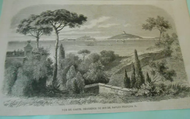 1860 engraving - view of Gaete residence of the King of Naples Francois II