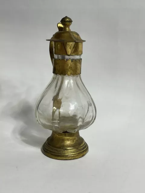 Antique Hand Crafted Caraffe  Holy Water   Oil Vinegar Cruet Brass And Glass 2