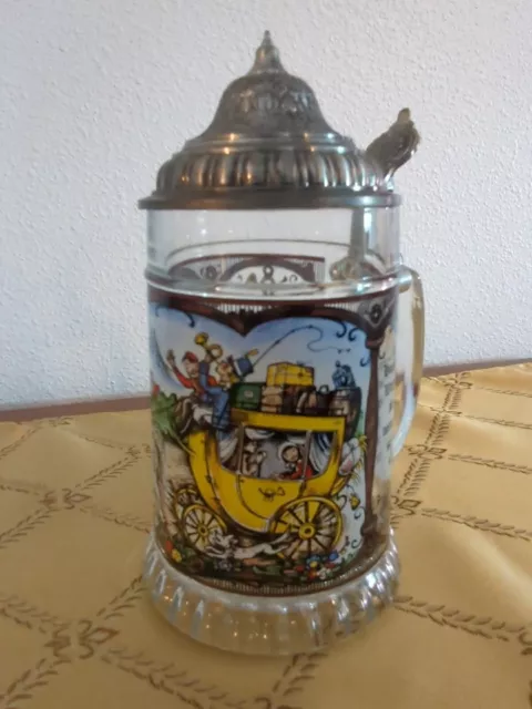 German BMF Beer Stein Painted Glass Silver Plate Lidded Mug W. Germany Carriage