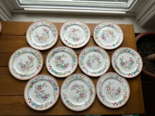 10 Antique Royal Doulton ITO Salad Plates Oriental Floral Pink Bird Tiffany?